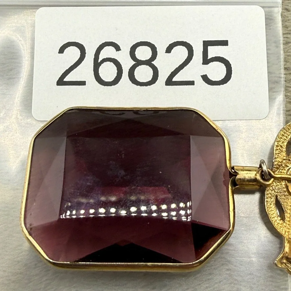 Vintage Signed Purple Faceted‎ Glass Watch Fob Brooch Gold Tone